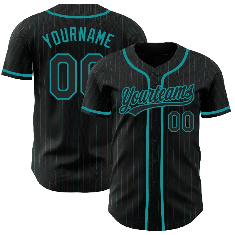 Baseball Jersey For Event Apparel Customization-Custom Black Teal Pinstripe Black Authentic Baseball Jersey