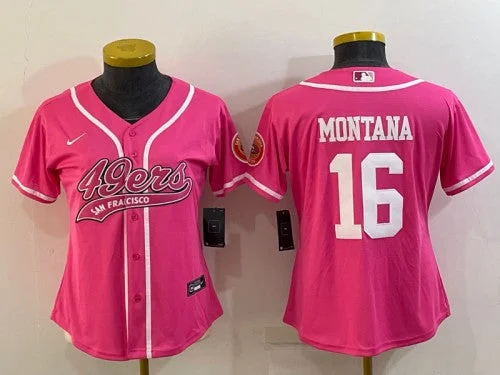 Baseball Jersey For Softball Fan Custom Gear-Women's San Francisco 49ers #16 Joe Montana Pink With Patch Cool Base Stitched Baseball Jersey(Run Small)