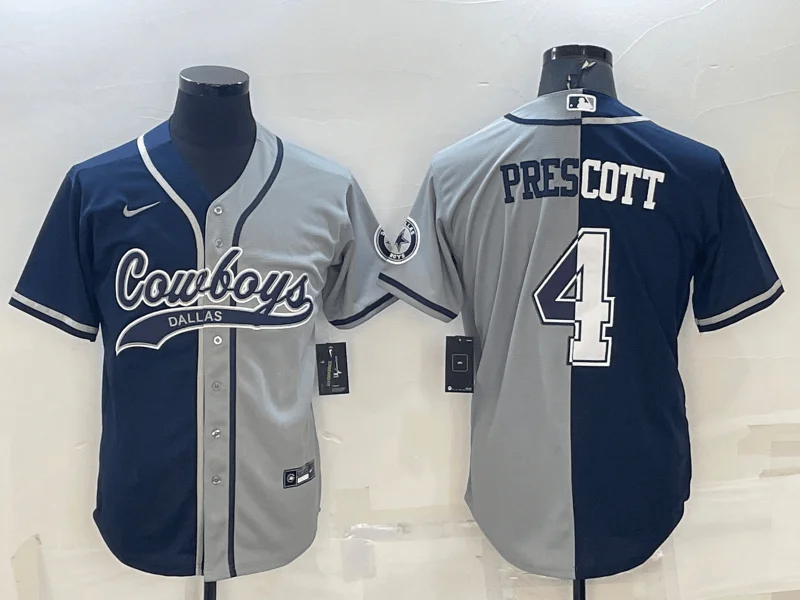 Baseball Jersey For Special Team Gifts-Men's Dallas Cowboys #4 Dak Prescott Navy Blue Grey Two Tone With Patch Cool Base Stitched Baseball Jersey