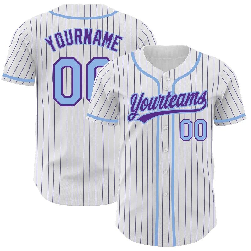 Baseball Jersey For Custom Fan Events-Custom White Purple Pinstripe Light Blue Authentic Baseball Jersey