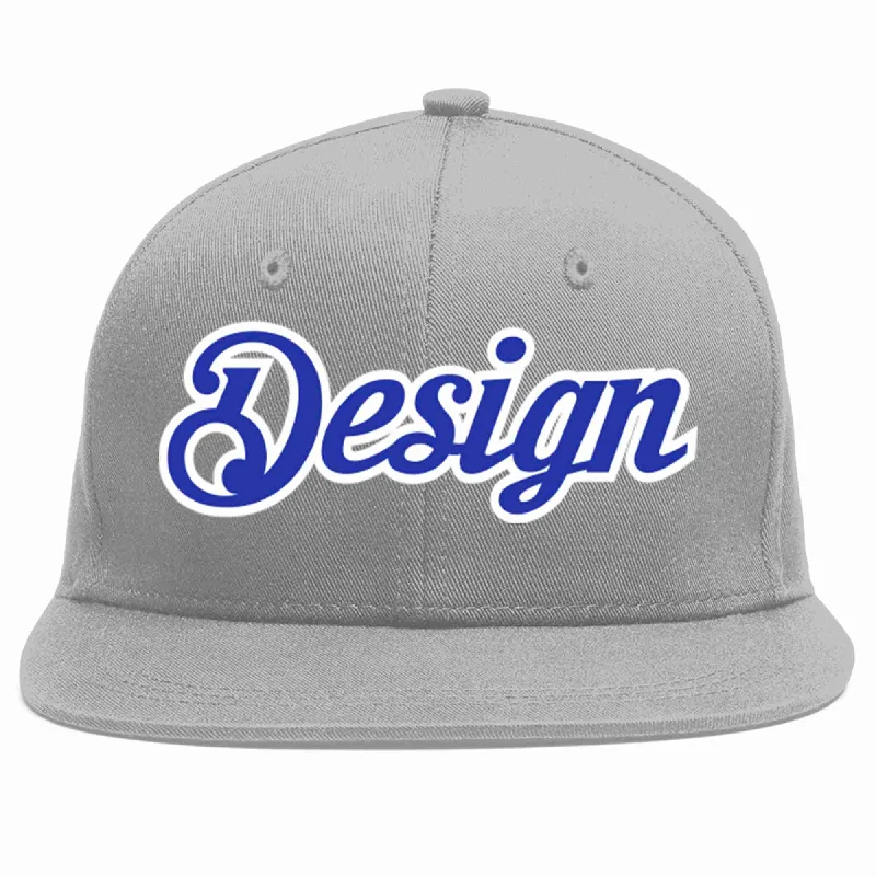 Baseball Cap For High School Customization-Custom Gray Royal-White Flat Eaves Sport Baseball Cap Design for Men/Women/Youth