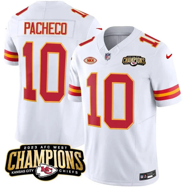 Football Jersey For Fan Club Custom Gear-Men’s Kansas City Chiefs #10 Isiah Pacheco White 2023 F.U.S.E. AFC West Champions With "NKH" Patch Vapor Untouchable Limited Football Stitched Jersey