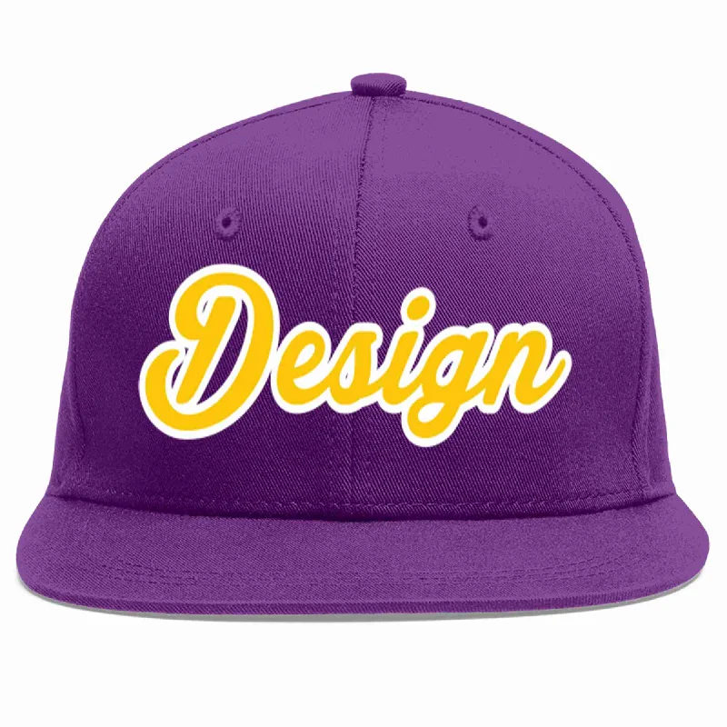 Baseball Cap For Custom Fan Group Orders-Custom Purple Gold-White Flat Eaves Sport Baseball Cap Design for Men/Women/Youth