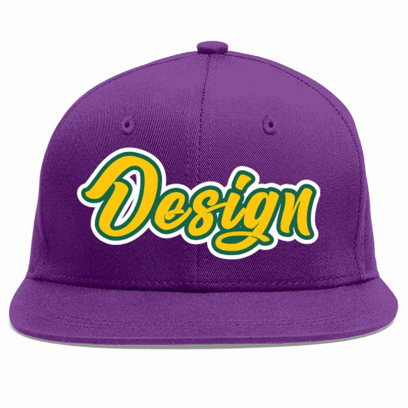 Baseball Cap With Custom Embroidered Names-Custom Purple Gold-Kelly Green Flat Eaves Sport Baseball Cap Design for Men/Women/Youth