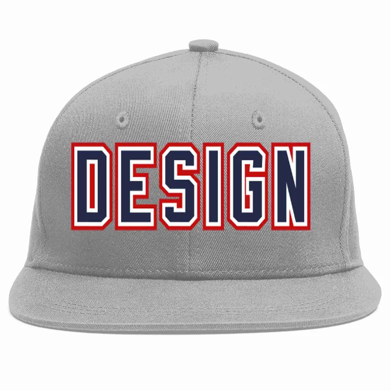 Baseball Cap For Exclusive Fan Gear-Custom Gray Navy-White Flat Eaves Sport Baseball Cap Design for Men/Women/Youth