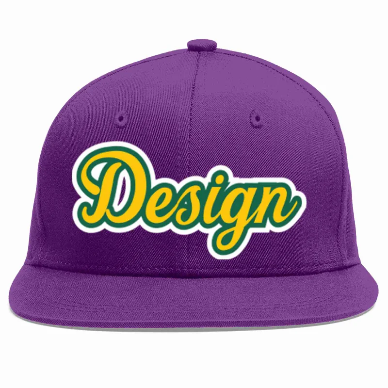 Baseball Cap For Game Day Apparel-Custom Purple Gold-Kelly Green Flat Eaves Sport Baseball Cap Design for Men/Women/Youth