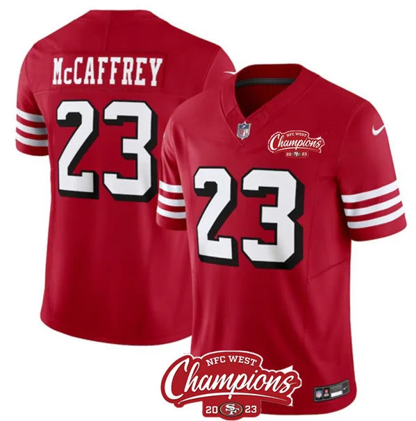 Football Jersey With Player Signature Embroidery-Men's San Francisco 49ers #23 Christian McCaffrey Red 2023 F.U.S.E. NFC West Champions Patch Alternate Football Stitched Jersey