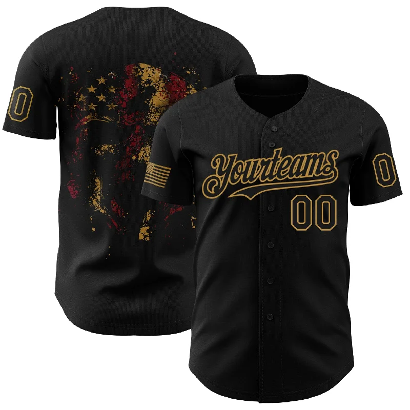 Baseball Jersey For Family Orders-Custom Black Old Gold 3D American Flag Skull Patriotic Authentic Baseball Jersey