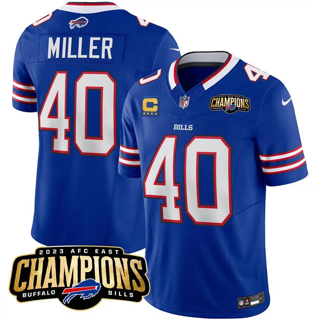 Football Jersey For Coaches-Men's Buffalo Bills #40 Von Miller Blue 2023 F.U.S.E. AFC East Champions With 4-star C Ptach Football Stitched Jersey