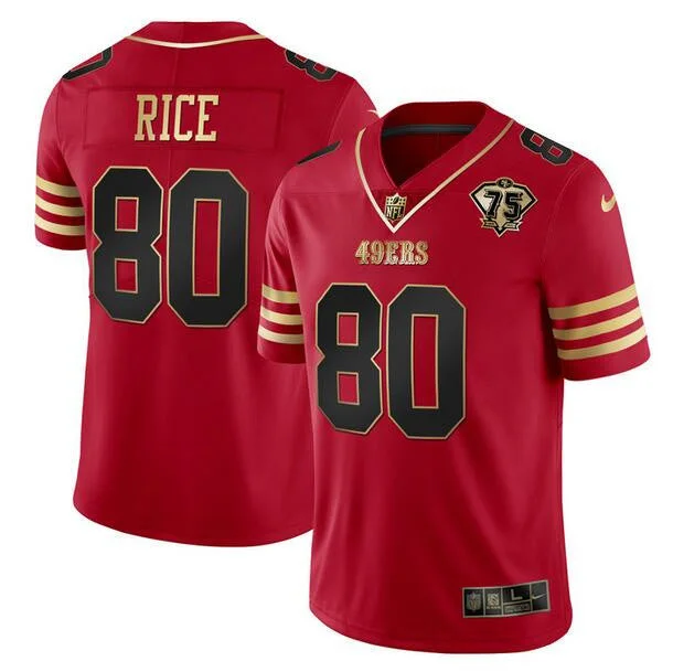 Football Jersey For Custom Fan Clothing-Men's San Francisco 49ers #80 Jerry Rice Red Gold With 75th Anniversary Patch Football Stitched Jersey