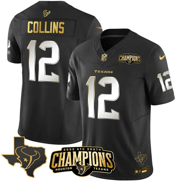 Football Jersey For Special Team Customization-Men's Houston Texans #12 Nico Collins Black Golden 2023 F.U.S.E. With AFC South Champions Patch And Team Logo Patch Limited Football Stitched Jersey