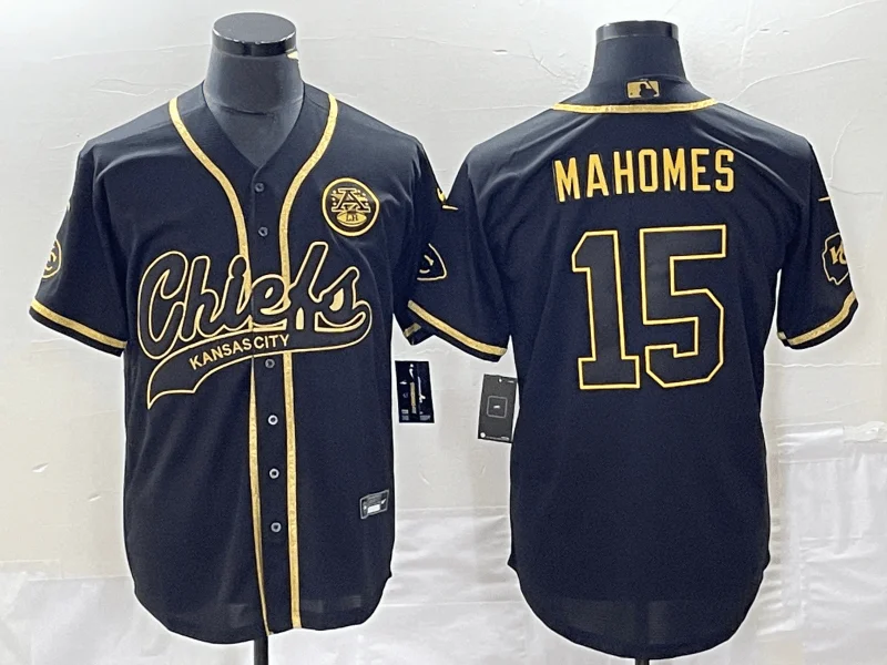 Baseball Jersey For Fan Apparel-Men's Kansas City Chiefs #15 Patrick Mahomes Black Gold Super Bowl LVII Cool Base Stitched Baseball Jersey