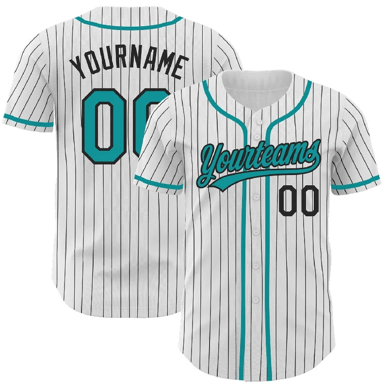 Baseball Jersey For College Customization-Custom White Black Pinstripe Teal Authentic Baseball Jersey