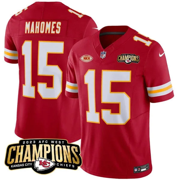 Football Jersey For Special Team Gifts-Men’s Kansas City Chiefs #15 Patrick Mahomes Red 2023 F.U.S.E. AFC West Champions With "NKH" Patch Vapor Untouchable Limited Football Stitched Jersey