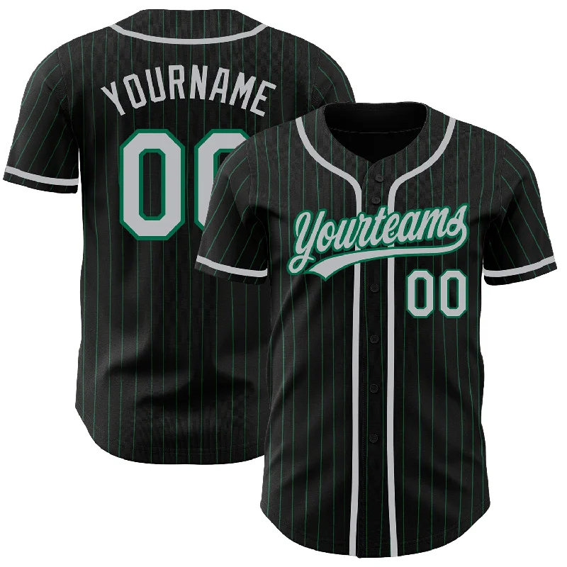 Baseball Jersey For Softball Team Customization-Custom Black Kelly Green Pinstripe Gray Authentic Baseball Jersey