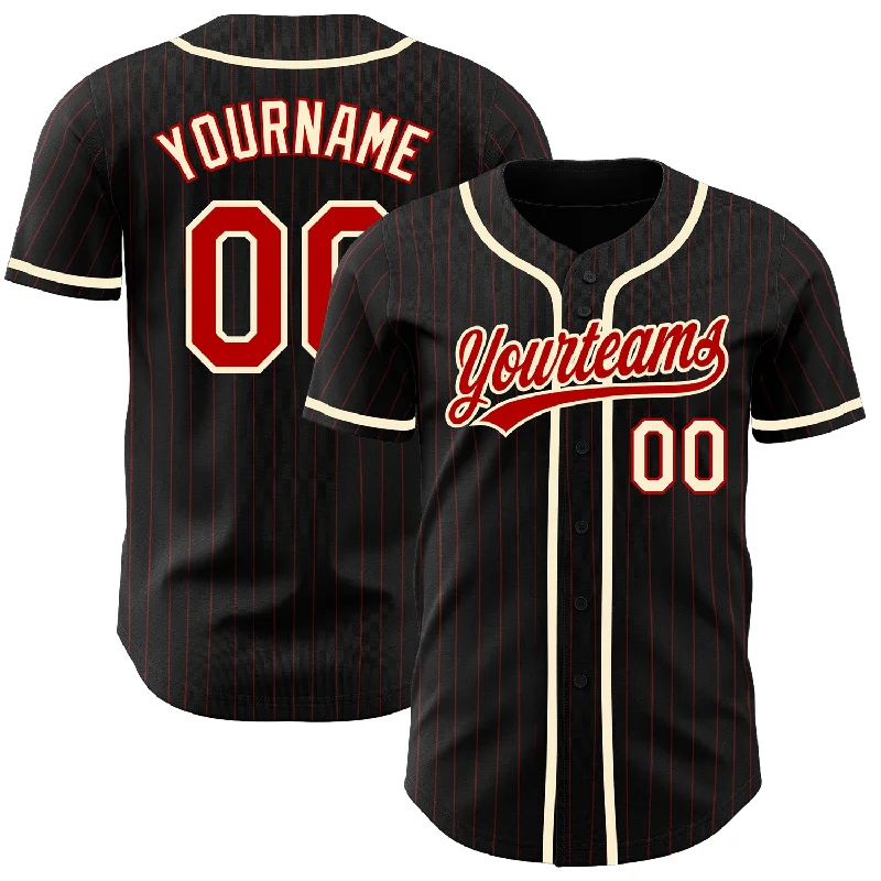 Baseball Jersey For Event Customization-Custom Black Red Pinstripe Red-Cream Authentic Baseball Jersey