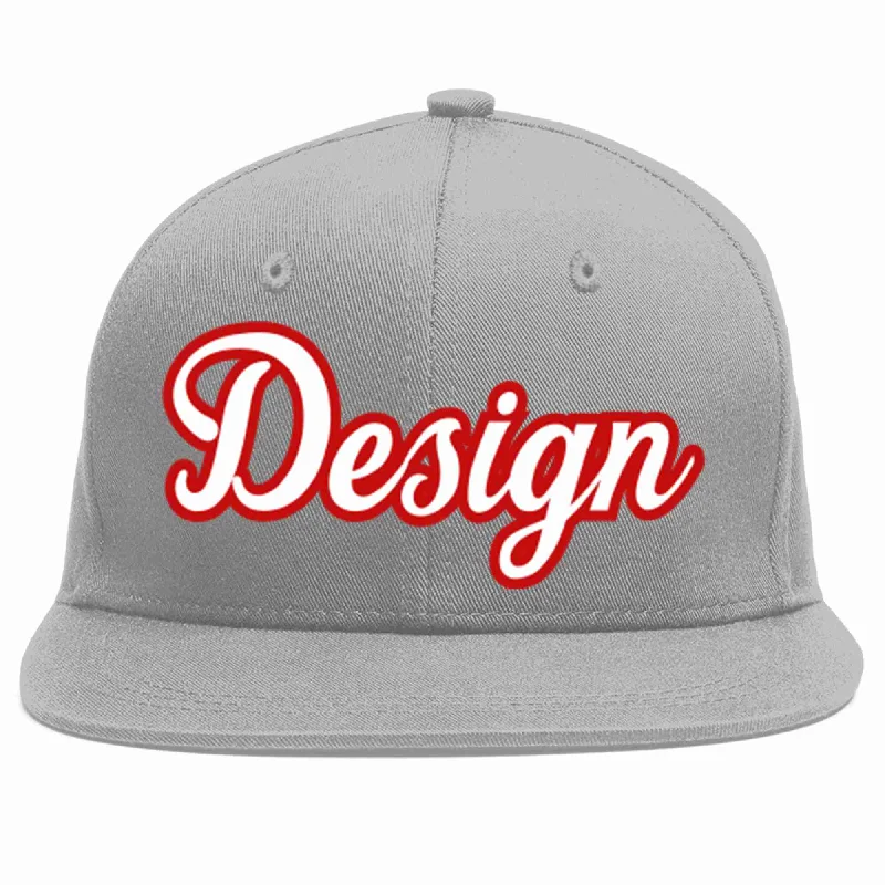 Baseball Cap For Custom Baseball Fan Apparel-Custom Gray White-Red Flat Eaves Sport Baseball Cap Design for Men/Women/Youth