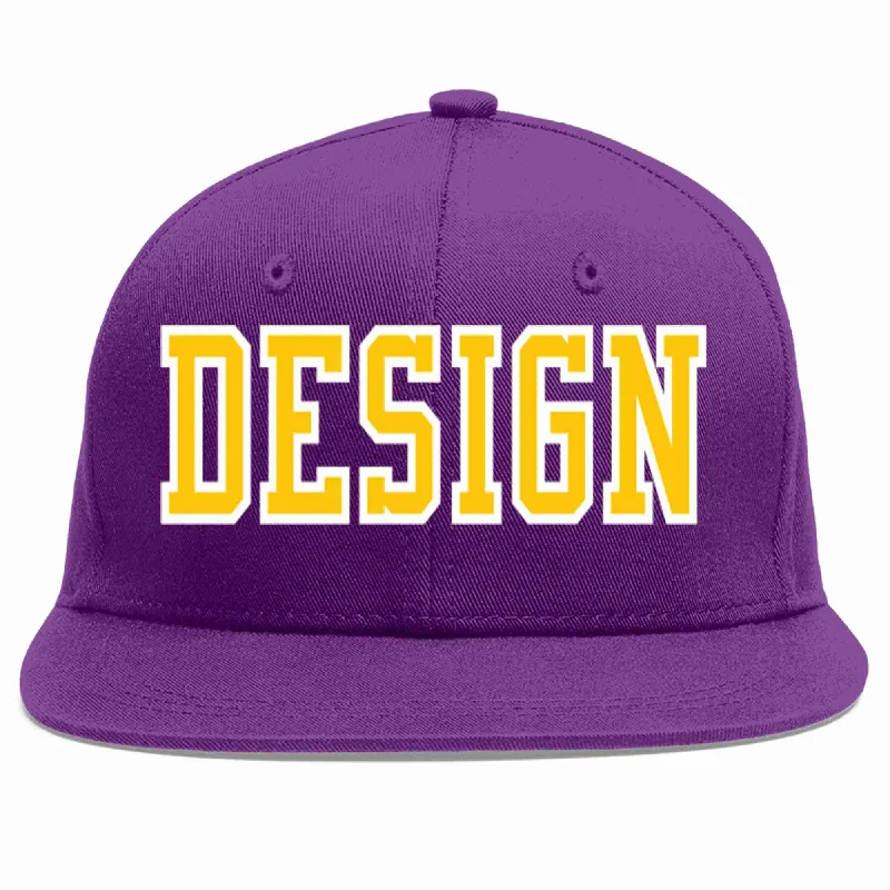 Baseball Cap For Personalized Family Gifts-Custom Purple Gold-White Flat Eaves Sport Baseball Cap Design for Men/Women/Youth