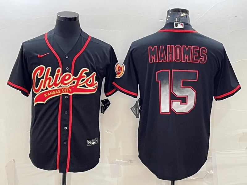 Baseball Jersey With Player Signature Embroidery-Men's Kansas City Chiefs #15 Patrick Mahomes Black Gold With Patch Cool Base Stitched Baseball Jersey