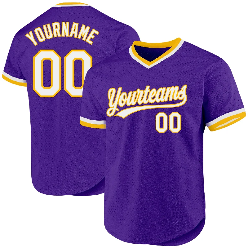 Baseball Jersey For Softball Custom Orders-Custom Purple White-Gold Authentic Throwback Baseball Jersey