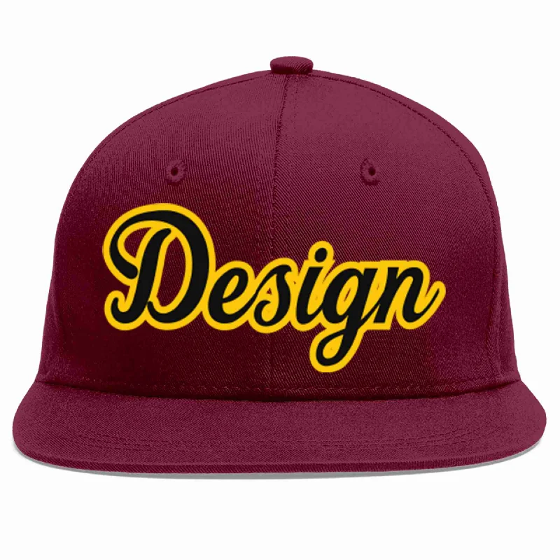 Baseball Cap For Professional Player Gear-Custom Crimson Black-Gold Flat Eaves Sport Baseball Cap Design for Men/Women/Youth