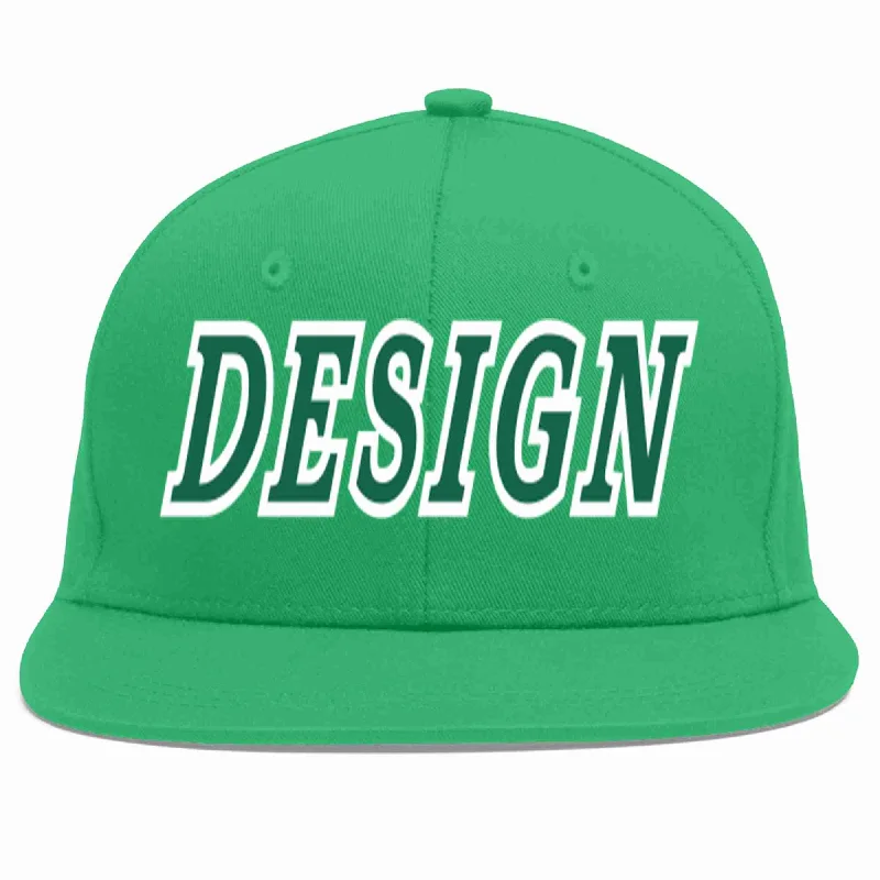 Baseball Cap With Embroidered Team Names-Custom Teal Kelly Green-White Flat Eaves Sport Baseball Cap