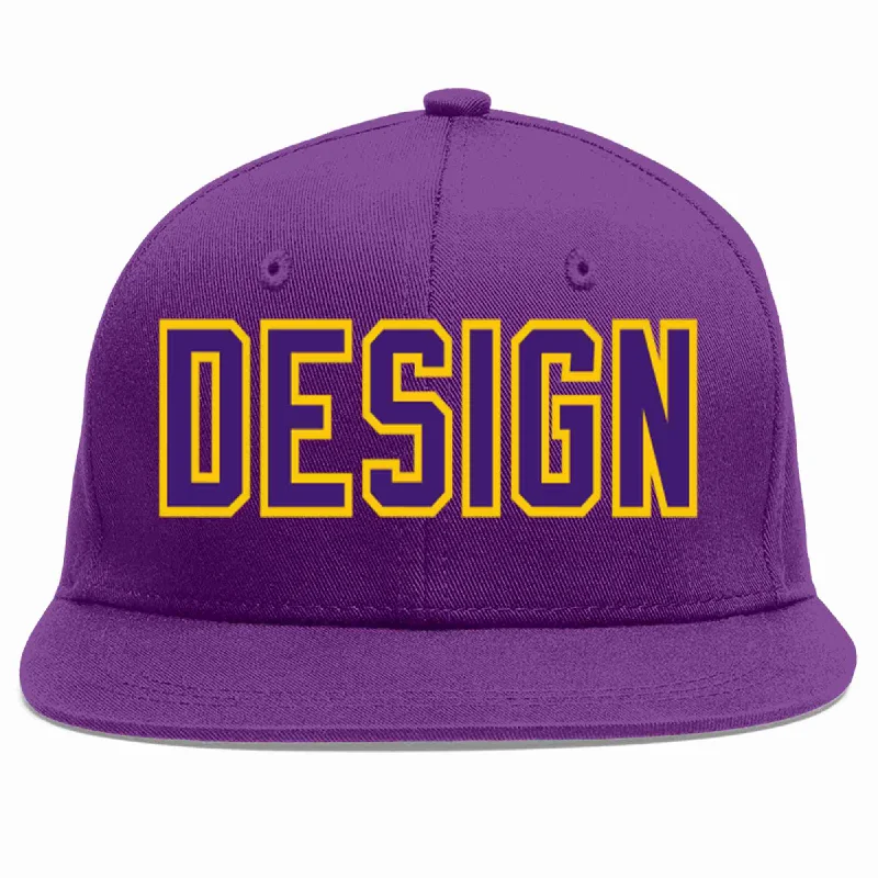 Baseball Cap For Official Team Apparel-Custom Purple purple-Gold Flat Eaves Sport Baseball Cap Design for Men/Women/Youth