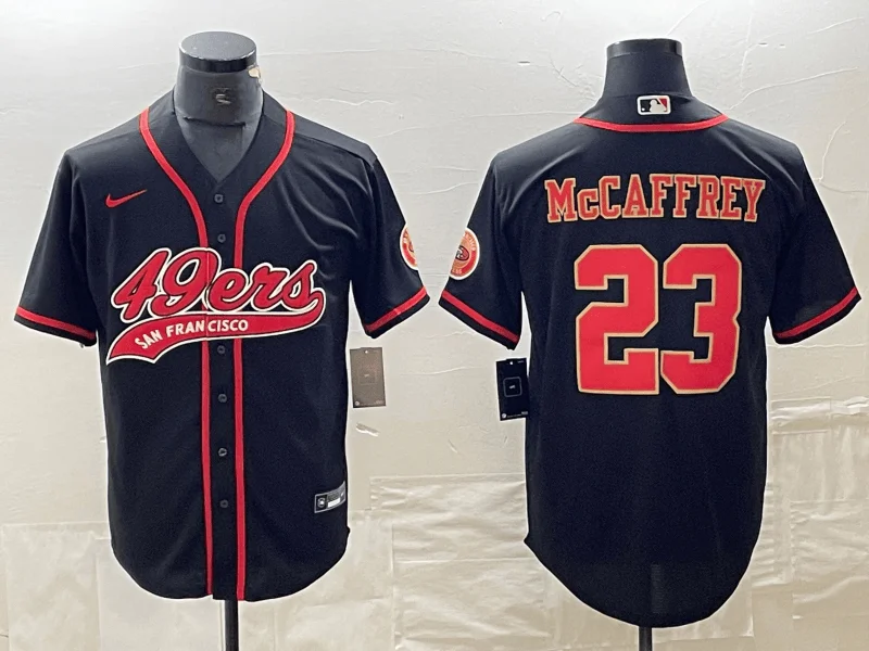 Baseball Jersey For Softball Fan Gear-Men's San Francisco 49ers #23 Christian McCaffrey Black Red With Patch Cool Base Stitched Baseball Jersey