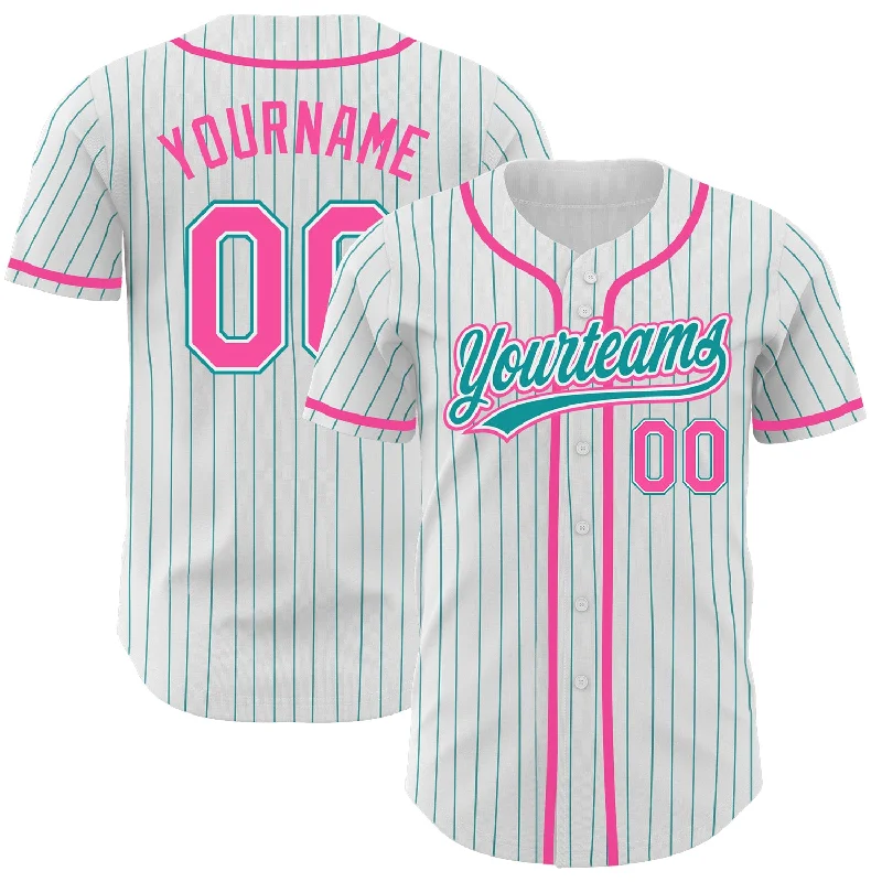 Baseball Jersey For Official Team Customization-Custom White Teal Pinstripe Pink Authentic Baseball Jersey