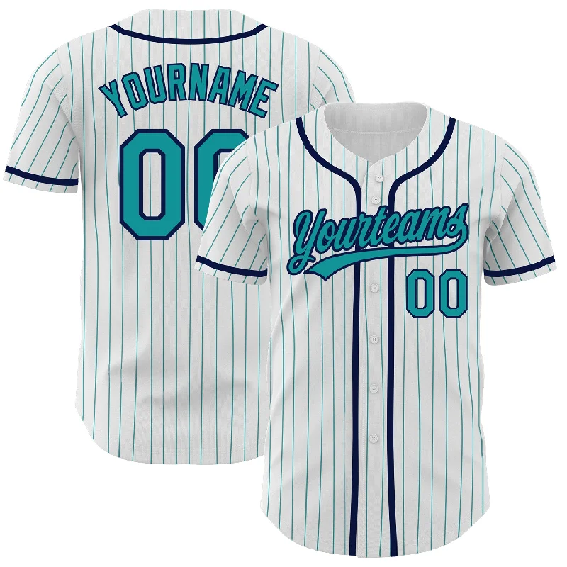 Baseball Jersey For Team Logo Customization-Custom White Teal Pinstripe Teal-Navy Authentic Baseball Jersey