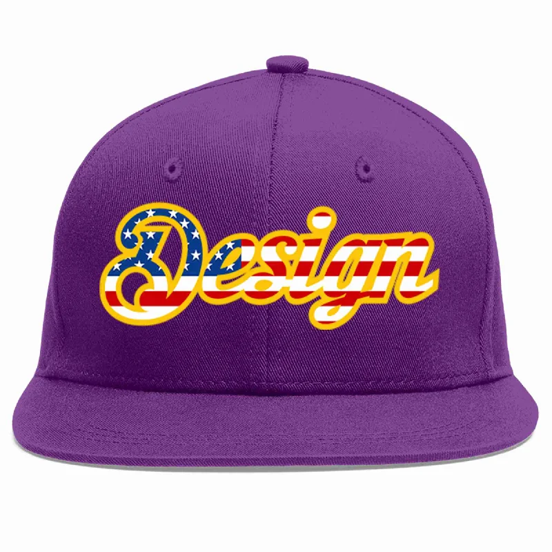 Baseball Cap With Player Number Customization-Custom Purple Vintage USA Flag-Gold Flat Eaves Sport Baseball Cap Design for Men/Women/Youth