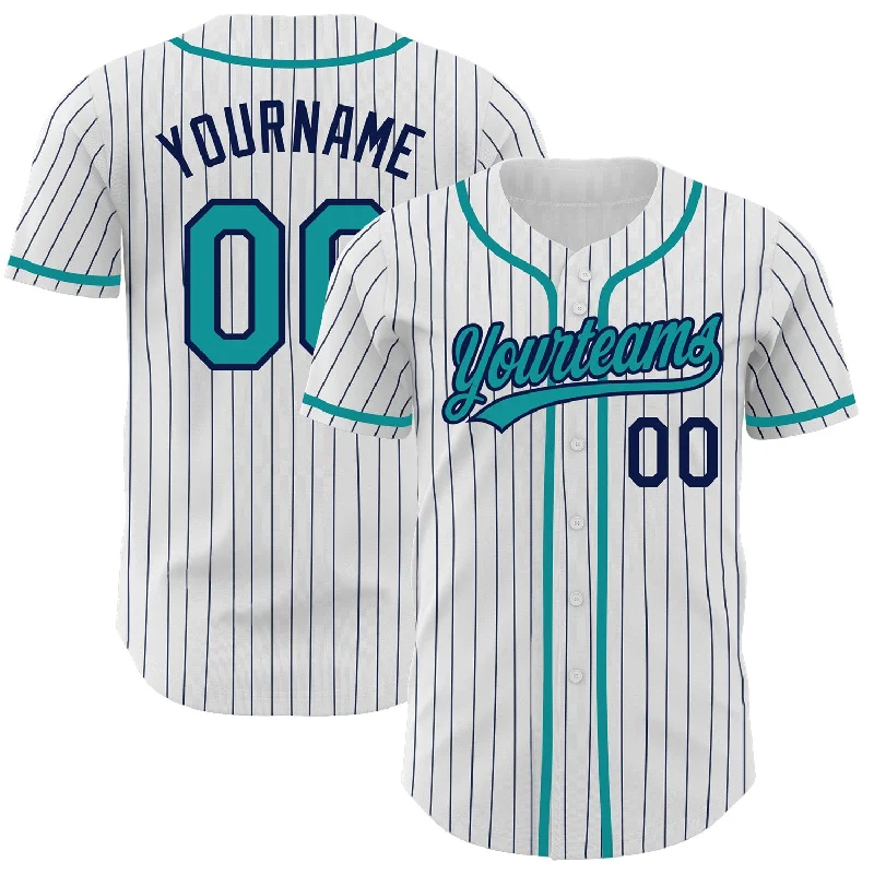 Baseball Jersey With Custom Embroidered Logos-Custom White Navy Pinstripe Teal Authentic Baseball Jersey