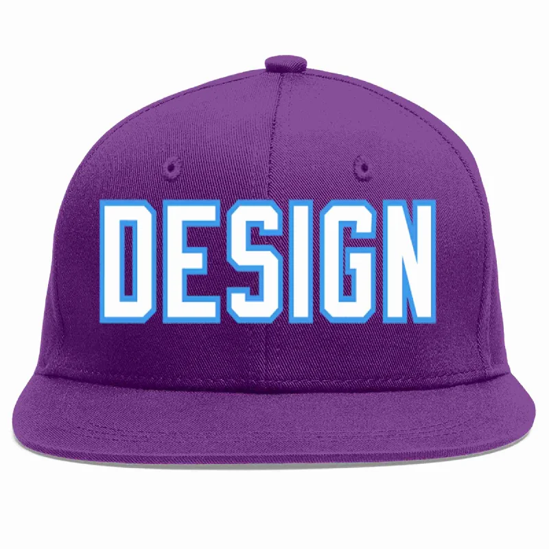 Baseball Cap With Personalized Embroidered Names-Custom Purple White-Powder Blue Flat Eaves Sport Baseball Cap Design for Men/Women/Youth