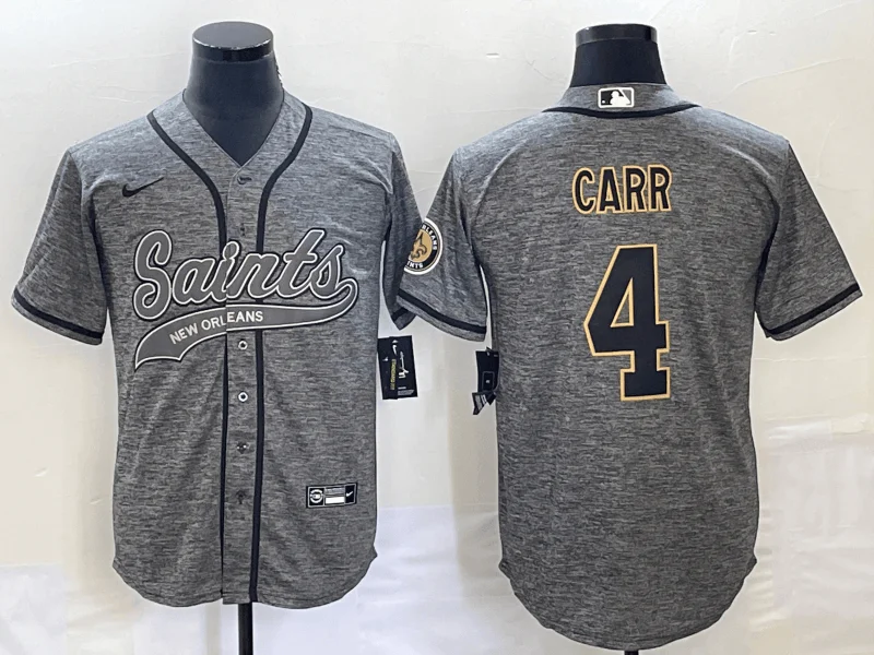 Baseball Jersey For Custom Apparel Fundraisers-Men's New Orleans Saints #4 Derek Carr Grey Gridiron With Patch Cool Base Stitched Baseball Jersey