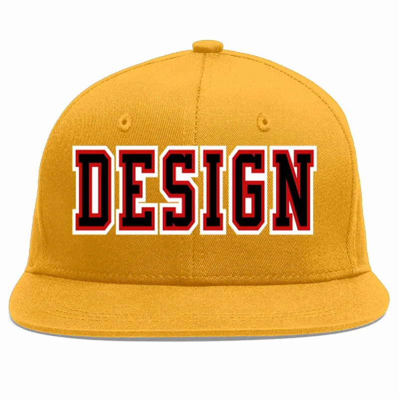 Baseball Cap With Player Numbering-Custom Gold Black-Red Flat Eaves Sport Baseball Cap Design for Men/Women/Youth