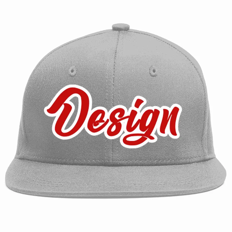 Baseball Cap For Adults-Custom Gray Red-White Flat Eaves Sport Baseball Cap Design for Men/Women/Youth