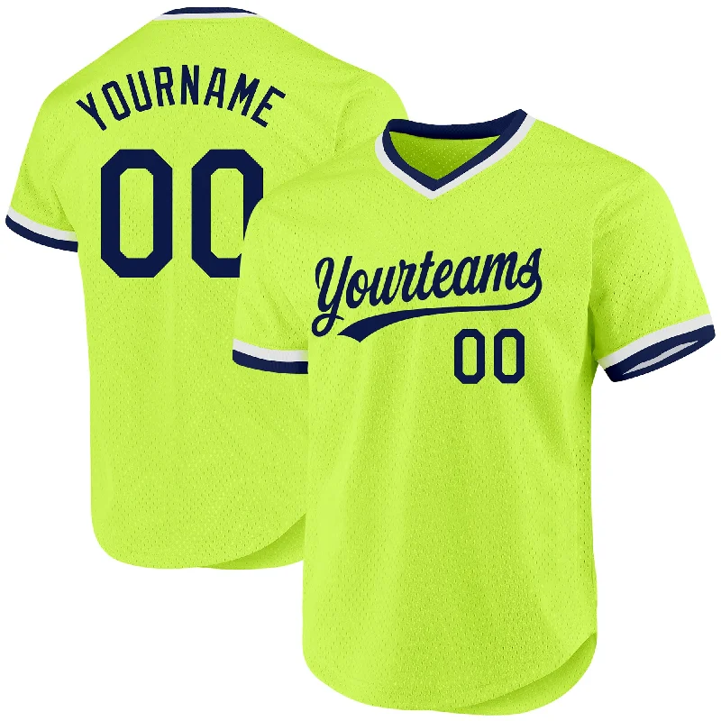 Baseball Jersey For Tournament Team Custom Orders-Custom Neon Green Navy-White Authentic Throwback Baseball Jersey