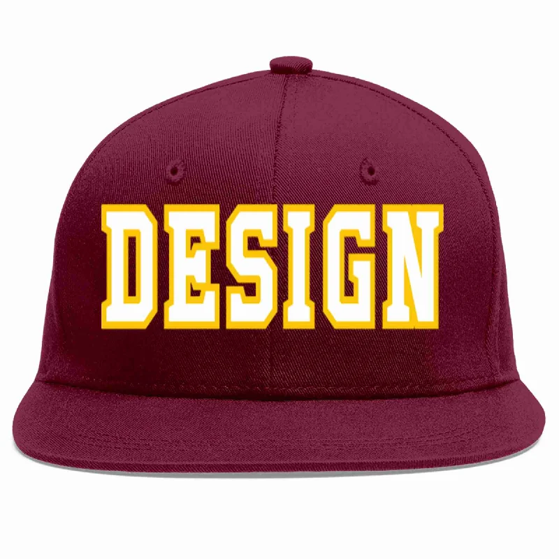 Baseball Cap With Personalized Player Numbers-Custom Crimson White-Gold Flat Eaves Sport Baseball Cap Design for Men/Women/Youth