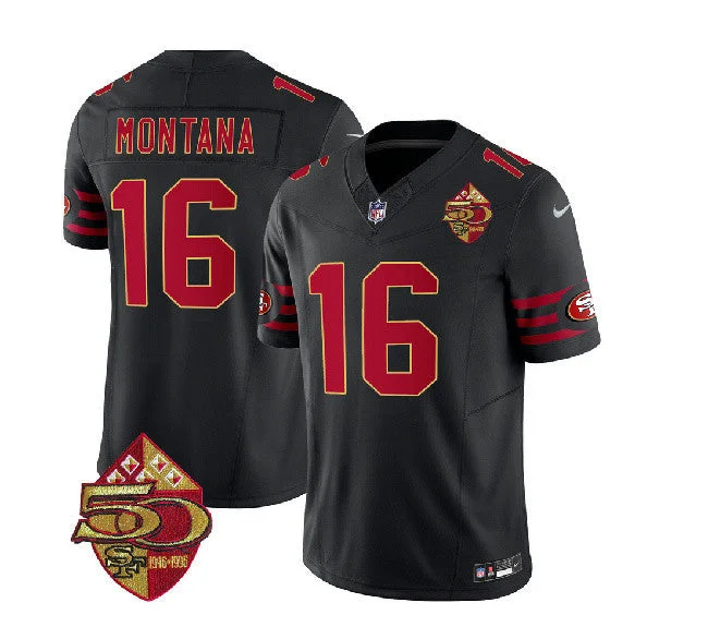 Football Jersey With Custom Embroidery-Men's San Francisco 49ers #16 Joe Montana Black 2023 F.U.S.E. 50th Patch Throwback Football Stitched Jersey