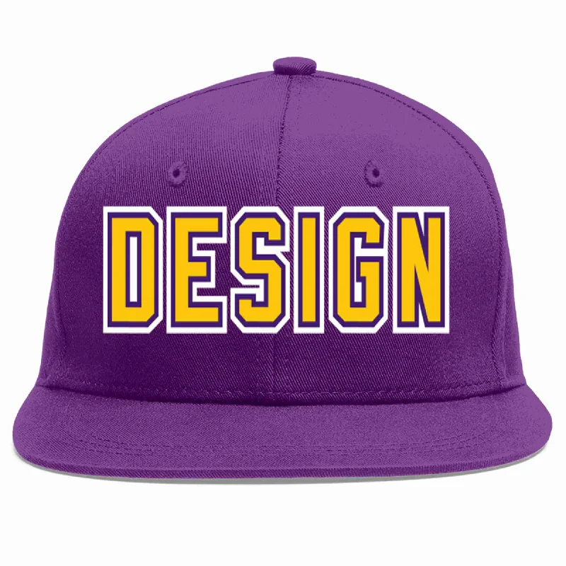 Baseball Cap For Fundraising Campaigns-Custom Purple Gold-purple Flat Eaves Sport Baseball Cap Design for Men/Women/Youth