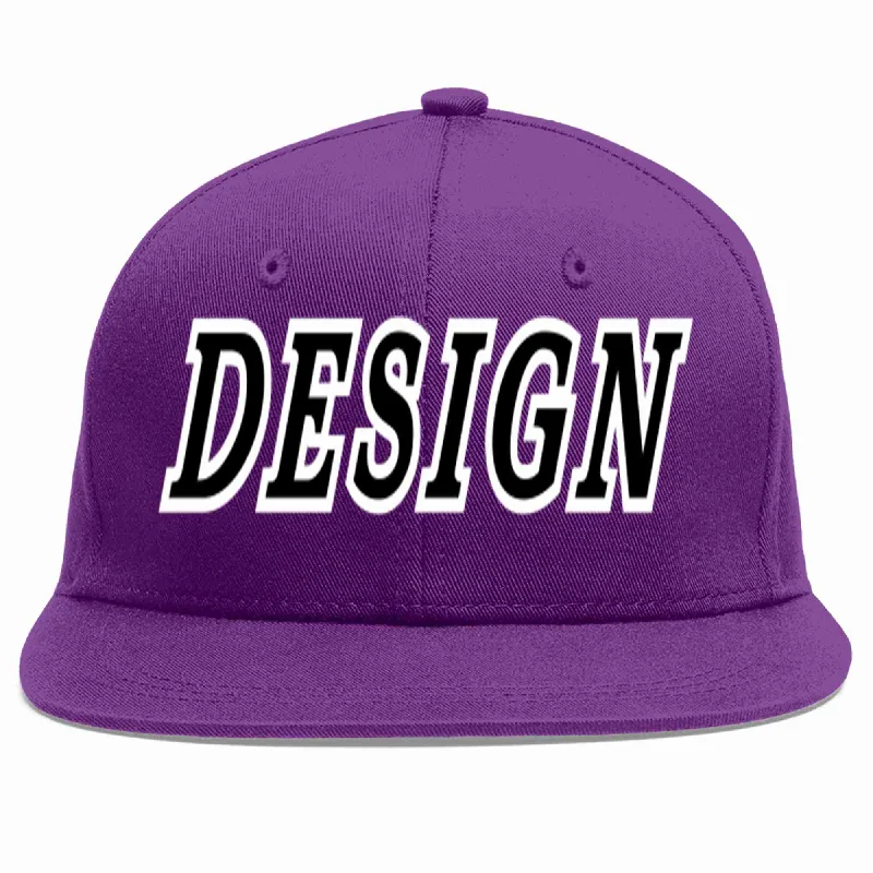 Baseball Cap For Custom Fan Gear-Custom Purple Black-White Flat Eaves Sport Baseball Cap Design for Men/Women/Youth