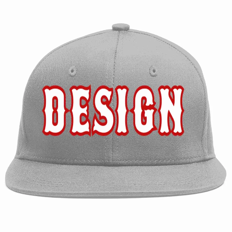 Baseball Cap For Custom Embroidered Team Names-Custom Gray White-Red Flat Eaves Sport Baseball Cap Design for Men/Women/Youth