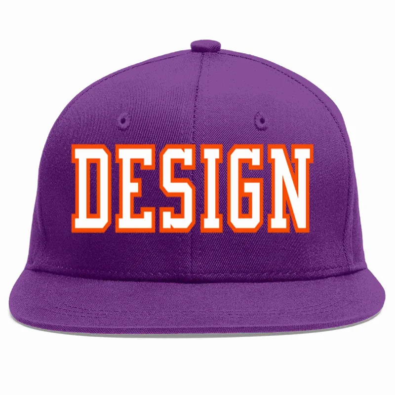 Baseball Cap With Player Name Embroidery-Custom Purple White-Orange Flat Eaves Sport Baseball Cap Design for Men/Women/Youth