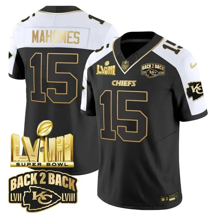 Football Jersey For Special Edition Fan Apparel-Men's Kansas City Chiefs #15 Patrick Mahomes Black/White 2024 F.U.S.E Super Bowl LVIII Patch With Back 2 Back Gold Patch Vapor Untouchable Limited Football Stitched Jersey