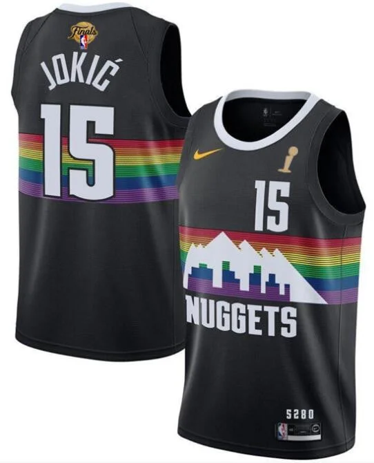 Basketball Jersey For Tournament Fan Gear-Nuggets 15 Nikola Jokic Black 2023 Finals Champions City Edition Basketball Jersey