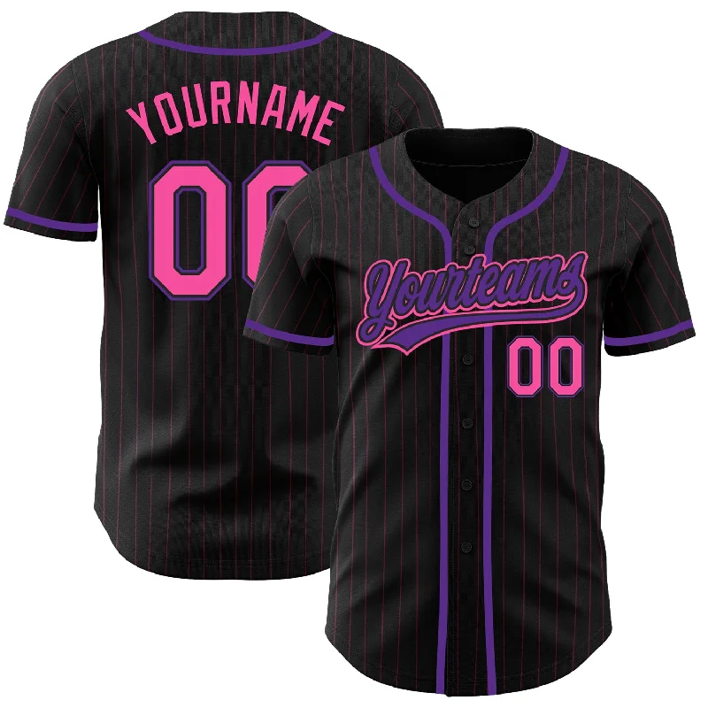 Baseball Jersey For Game Day Orders-Custom Black Pink Pinstripe Pink-Purple Authentic Baseball Jersey