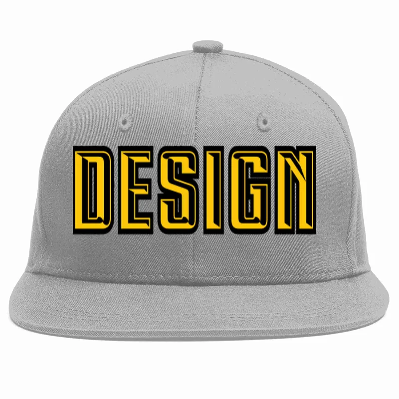 Baseball Cap For Sports Fan Gear-Custom Gray Gold-Black Flat Eaves Sport Baseball Cap Design for Men/Women/Youth