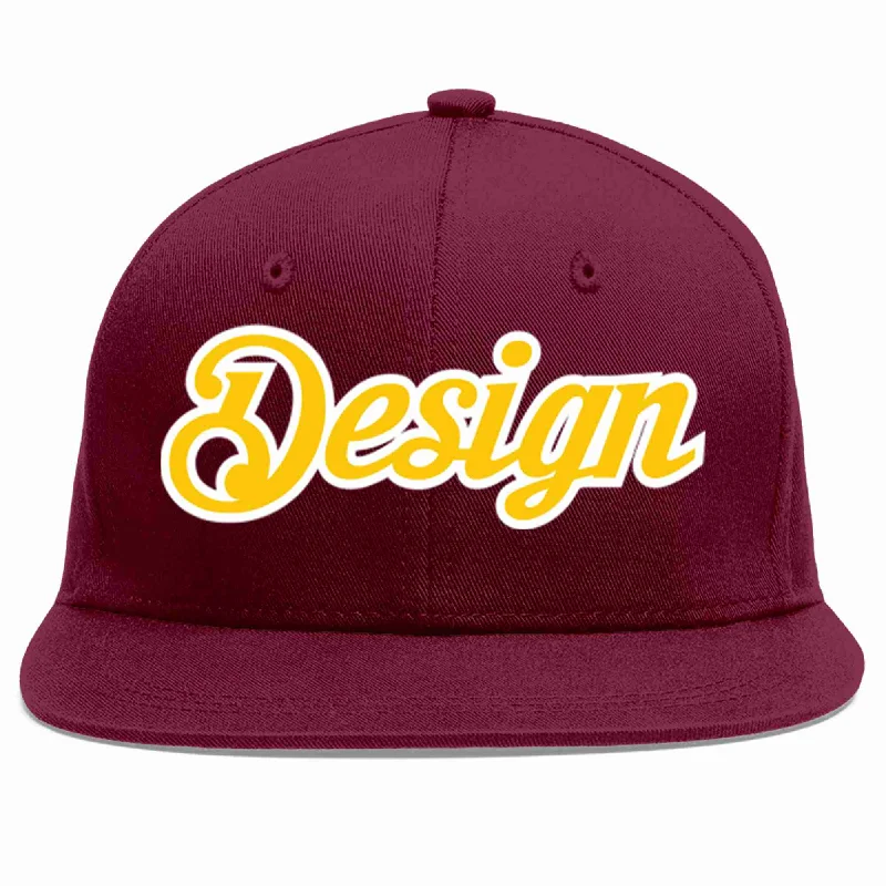 Baseball Cap With Personalized Logos-Custom Crimson Gold-White Flat Eaves Sport Baseball Cap Design for Men/Women/Youth