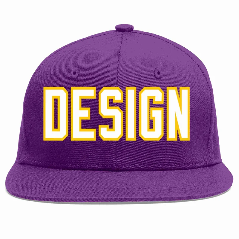 Baseball Cap For Softball Players And Fans-Custom Purple White-Gold Flat Eaves Sport Baseball Cap Design for Men/Women/Youth