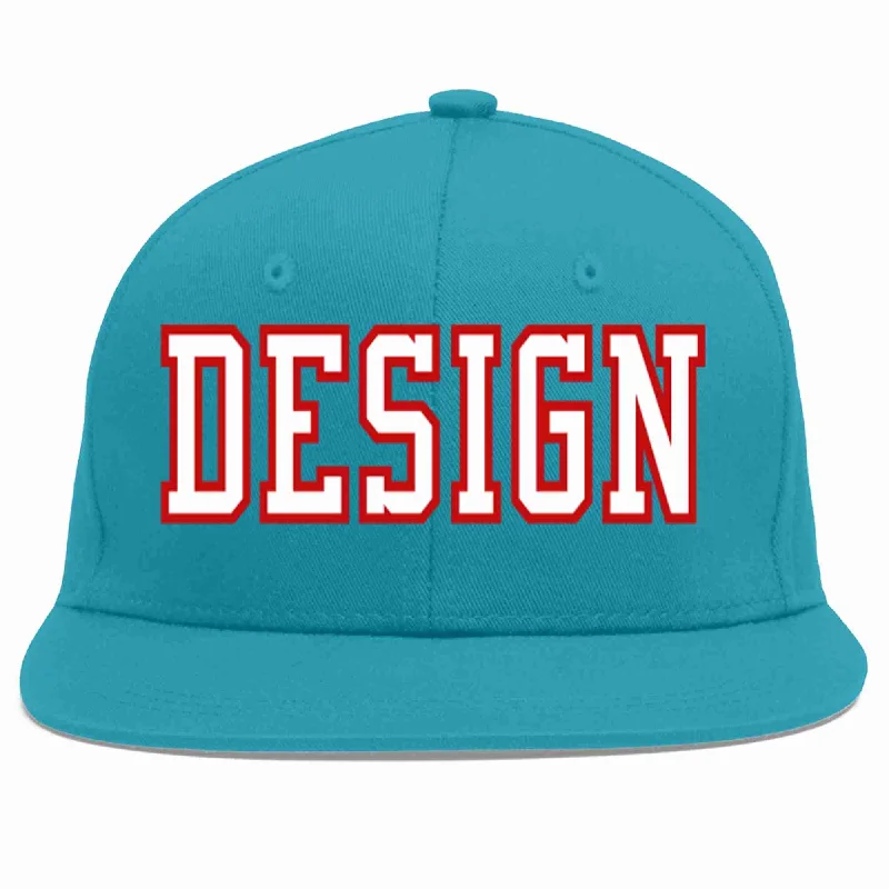 Baseball Cap With Custom Name-Custom Aqua White-Red Flat Eaves Sport Baseball Cap Design for Men/Women/Youth